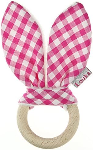 Fuchsia Rabbit Ears diamond (with Name) Beech Wood and Fabric. Unisex Baby Teethers Children – Handmade.