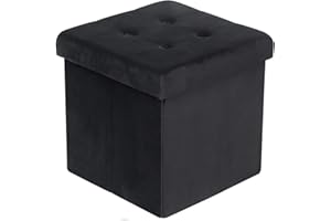 ZEMO Puff Otomano Terciopelo/Poliester con Tapa 38x38x38cm - Taburete Cuadrado Plegable para Almacenamiento / Reposapiés - Baúl Decorativo (Terciopelo, Negro)
