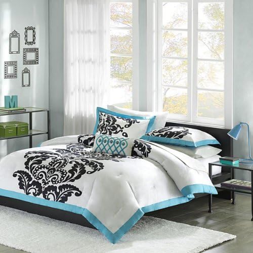 White, Teal &amp; Black Teen Girls Twin Comforter, Sham &amp; Toss Pillow 3 Pc Bedding by Teen Bedding
