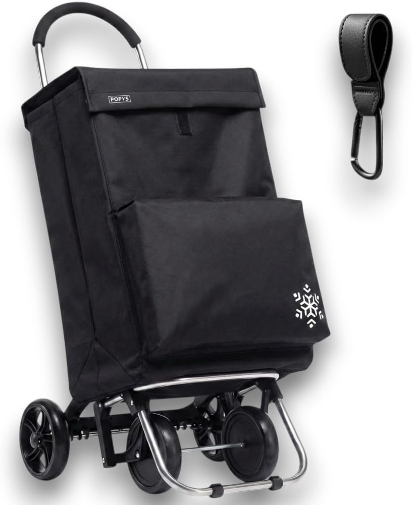 POPYS® Carro de la Compra de 50L + Gancho Multiusos de Regalo con Compartimento Refrigerante | Carrito Compra de 4 y 2 Ruedas Ideal para Supermercado (Requiere Montaje) (Negro.)