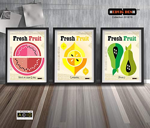 Set of three retro, Scandinavian prints, watermelon, lemon, pear, fruit, kitchen, chef, restaurant, cafe, mid century, modern, Hedvig Desh ©®, wall, art, print, gift, design