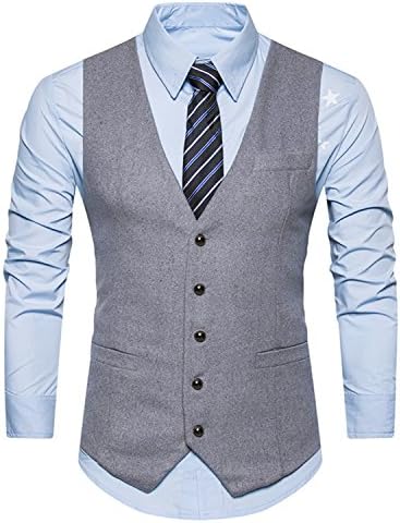 Boom Fashion Mens Vintage Tweed Waistcoat V-neck Business Suit Jacket Grey 2 S