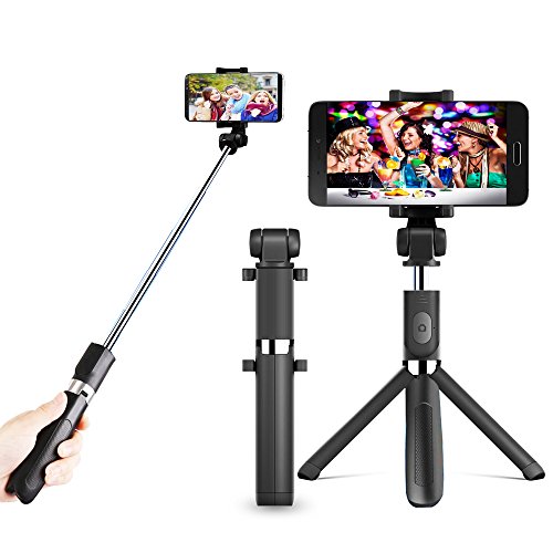 Zeadio 3-in-1 multifunzione mini integrato treppiede pieghevole, tascabile, selfie stick con telecomando bluetooth per selfie stick allungabile e rotazione di 360 gradi smartphone Holder