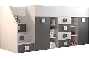 Kryspol Etagenbett für Kinder Toledo 3 Stockbett mit Treppe, Schreibtisch, Bettkasten (Weiß/Weiß Glanz + Grau Glanz, Seite: Links)