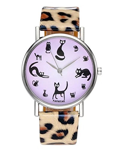 JSDDE Montre Femme Montre Chat Montre Rétro Bracelet en PU Analogue Quartz Montre Fille Montre Animale