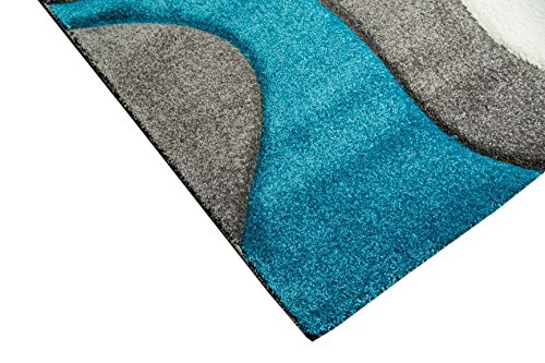 Designer Teppich Moderner Teppich Wohnzimmer Teppich Kurzflor Teppich mit Konturenschnitt Wellenmuster Türkis Grau Weiss Größe 120×170 cm - 2