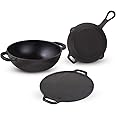 The Indus Valley Cast Iron Kadai for Cooking & Deep Frying with Flat Handle| Gas & Induction Friendly|Pre-Seasoned 100% Toxin-Free (Pre-Seasoned, Kadai(10 inch)+Skillet(9inch)+Tawa(12inch))