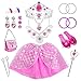 Produktbild Tagitary 21 Stück Prinzessin Kostüme Zubehör Mädchen Dress up Zubehör Set für Party, Cosplay mit Krone, Handtaschen, Zauberstäbe, Armbändern, Ohrringen, Ringen, Halsketten, Kleid und Schuhen (Rosa)