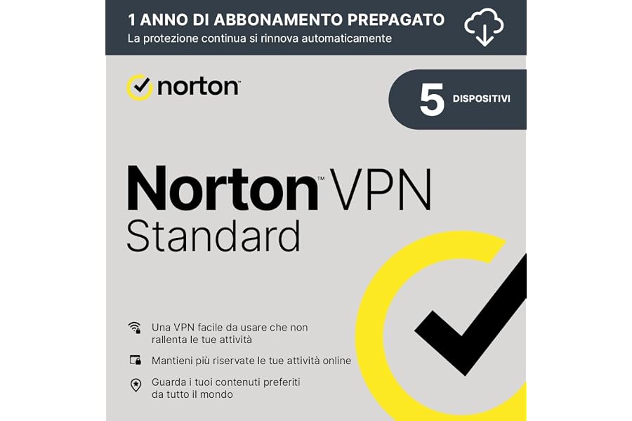 Norton VPN Standard 2025 | 5 Dispositivi| Licenza di 1 anno con rinnovo automatico | PC/Mac/Android/iOS | Codice d'attivazion