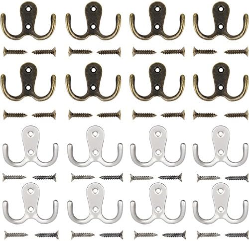 Umsole 10 Pieces Double Prong Robe Hook Retro Cloth Hanger with 20 Pieces Screws in Matte Nickel,Bronze and Silver