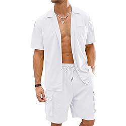 URRU Ensemble Chemise à Manches Courtes Et Short En Lin Pour Homme 2024 - Tenue De Vacances Tropicales, A - Blanc, X-Large
