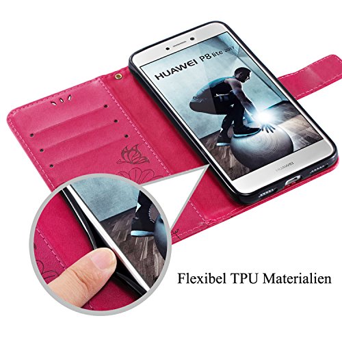 Cover Huawei P8 Lite 2017, kazineer Cover P8 Lite 2017 Flip Caso in pelle Modello Fiore Portafoglio Custodia per Huawei P8 Lite 2017 (Rosa Rossa)