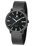 Wwoor Herren-Armbanduhr Analog Quarz wasserdicht Mesh-Armband Edelstahl Slim Watch Automatik Datum Einheitsgröße Schwarz