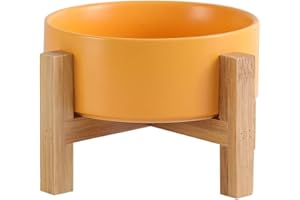 HCHLQLZ Yellow Ceramic Elevated Raised Cat Bowls,Cat Food Dish with Stand, Raised Cat Food or Water Bowls Anti Vomiting,Pet Bowl with Anti Slip Rubber pad,Stress Free for Cats and Small Dogs（400ML/13.5OZ)