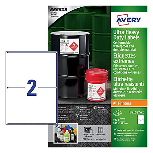 AVERYB7168-50 Extra Strong Adhesive, Ultra Heavy Duty Industrial Waterproof GHS Labels, 4 Labels Per A4 Sheet, White, 144 x 200 mm
