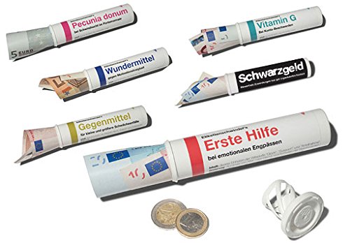 6er-Set: Geld- & Geschenkröhrchen im Medikamenten-Stil +++ MIX SET Nr. 1 zum Geld-verschenken +++ Sechs lustige Motive +++ SCHERZBOURIQUE (Set 1)