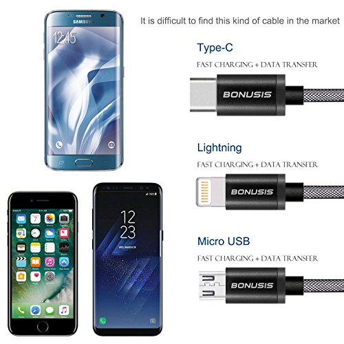USB-Kabel Lightning-Kabel Ladekabel USB 3 in 1 Kabel 4FT/1.2M (USB Type C/Lightning/Micro USB Connectors) und 2 in 1 Funktion(Fast Charge und Lightning Data Sync) [Type C+Lightning+Micro, Schwarz] - 3