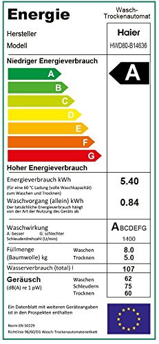 Haier HWD80-B14636 Waschtrockner/A / 1080 kWh/Jahr /1400 UpM / 8 kg Waschen / 5kg Trocken/Endzeitvorwahl/AquaProtect/Weiß – Bild 3