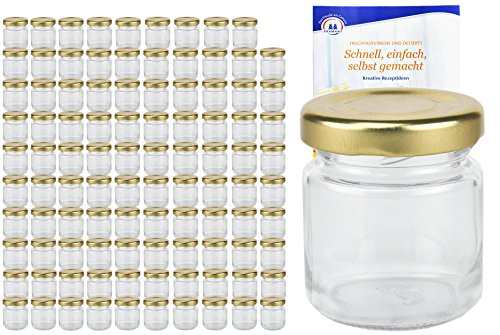 100er Set Rundgläser 53 ml Deckelfarbe gold TO 43 inkl. Diamant Gelierzauber Rezeptheft, Einmachgläser, Einkochgläser, Vorratsgläser, Mini Sturzgläser, Obstgläser, Portionsgläser, Gläser