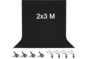 2X3M Fond Noir, Vevelux Toile de Fond Noir avec 8 Clips Anti-Plis, 100% Polyester Pliable Lavable Durable Écran Noir pour Photographie, Vidéo, Camera, Photo, Prise de Vue Vidéo