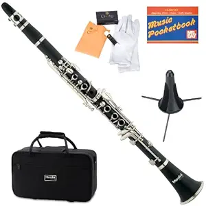 Mendini MCT-E+SD+PB Black Ebonite B Flat Clarinet with Case, Stand, Pocketbook, Mouthpiece, 10 Reeds and More