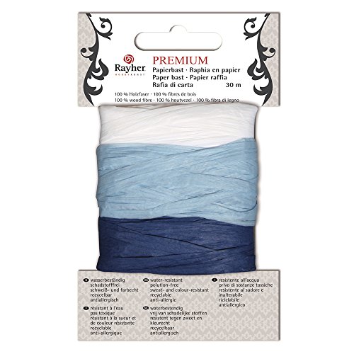 Rayher 52016000 Premium Papierbast, aus 100% Holzfaser, je Fb.10m, Karte 30m, blau-Töne