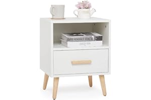‎MONDEER Mondeer Nachttisch, Nachtschrank mit 1 Schublade und 1 Offenem Fach, Holz Modern Nachtkommode mit Massivholzfüßen, Beistelltisch für Schlafzimmer Wohnzimmer, 40 x 35 x 51cm, Weiß