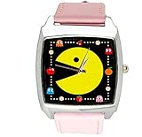 taport® Pacman Quarz Square Uhr Pink leder Band + Gratis Ersatz Batterie + Gratis Geschenkverpackung