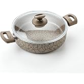 Papilla 24 cm Karnıyarık Tenceresi - İ&ccedil; ve Dış Karemel ve G&uuml;m&uuml;ş Renk Magma Desenli Cam Kapaklı Sığ Tencere