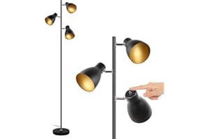 Osasy lampadaire vintage, 3 spots orientables,Interrupteur de commande indépendant lampe à pied design rétro, ampoules E14 LED ou halogène, hauteur 168 cm, métal noir doré