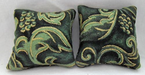 1/12th Scale Dolls House Cushions: Grape Vine Print Green &amp; Gold