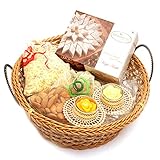 Ghasitaram Gifts Diwali Gifts Diwali Hamper Sweet Hampers - Big Cane Basket with Kaju Katli, Almonds, Namkeen Pouch with 2- T-Lites