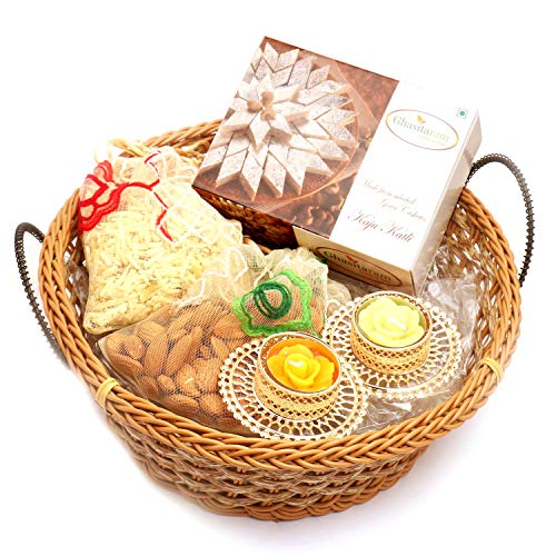 Ghasitaram Gifts Diwali Gifts Diwali Hamper Sweet Hampers - Big Cane Basket with Kaju Katli, Almonds, Namkeen Pouch with 2- T-Lites