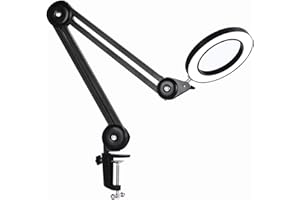 BEYAMZ Lámpara Lupa LED con Luz de Trabajo - Lente de Vidrio de 105mm y 5 Dioptrías, Brazo Giratorio Premium, Luz Regulable de 3 Colores y Abrazadera para Mesa - Ideal para Trabajos de Precisión