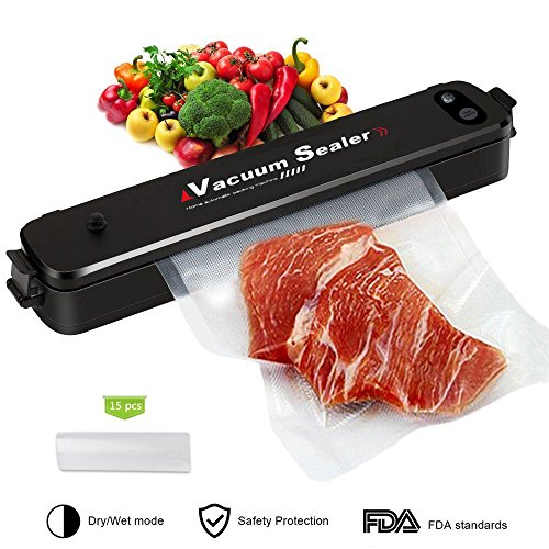 Preisvergleich Produktbild FEIGO Vakuumiergerät, Mini Vakuumierer 90W Kompaktes Automatisches Folienschweißgerät, Vakuumversiegel ohne Konservierungsstoffe für Brüchige Lebensmittel, inkl. 15 Gratis Profi-Folienbeutel schwarz