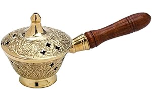 ‎NKLAUS NKlaus Räucherpfännchen mit Holzgriff für Weihrauch Räucherwerk Räuchermischung Räuchergefäß Messing Gold massiv Handarbeit Dekoration Esoterik Weihrauchbrenner 7538