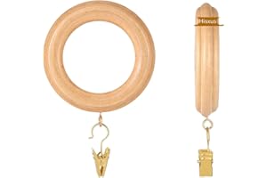 HISXUS 20 Pack Wooden Drapery Curtain Rod Rings with Clips 3 Inch Outer Diameter Natural Farmhouse Beech Wood Carved Drapes Rings 1.8 Inch Interior Diameter for 1-1.5 Inch Curtain Rod Pole (Natural)