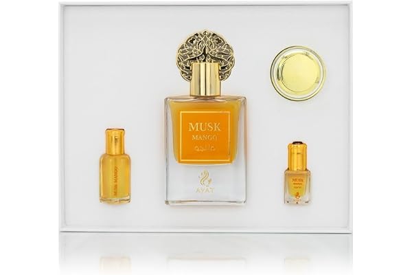 Ayat Perfumes – Coffret Prestige Complet Musk Collection - Eau de Parfum 50ml, Musc 5ml, Huiles Parfumée 12ml & Pommade de 18gr – Parfum Dubai (Coffret Musk Mango)