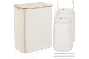 ROSOS Laundry Basket with Lid, 150L Collapsible, 2 Compartments, Beige