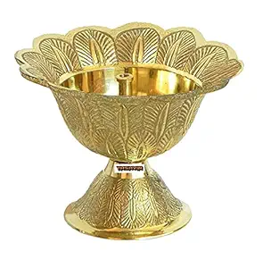 BALAJI E RETAIL Antique Golden Brass Kamal Deepak Handmade Indian Engraved Design /Pital Jyot Diva/Pooja Deepak Unique Design, Home Decorative Oil Lamp for Puja, Diwali