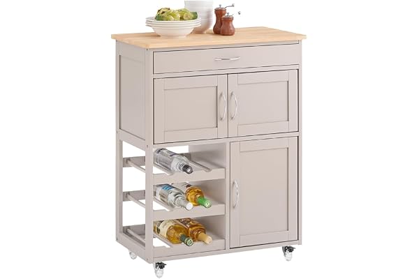 SoBuy Köksförvaringsvagn med arbetsyta – Serveringsvagn med hjul, lådor och vinhylla, kompakt köksö för matsal och utomhusbruk, Khaki 67x86x38 cm FKW45-KA