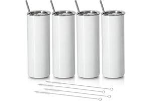 Roundsky Lot de 4 tasses à sublimation fines et droites de 20 oz en acier inoxydable avec couvercle et paille