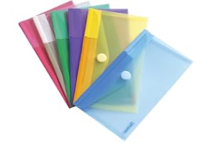 Djois Made by Tarifold 6 Enveloppes Recyclé Porte-Documents Plastique Non Perforées Fermeture Scratch Format M65 / Chèque - 6 Couleurs (Bleu, Violet, Vert, Jaune, Rose, Transparent) - 510279