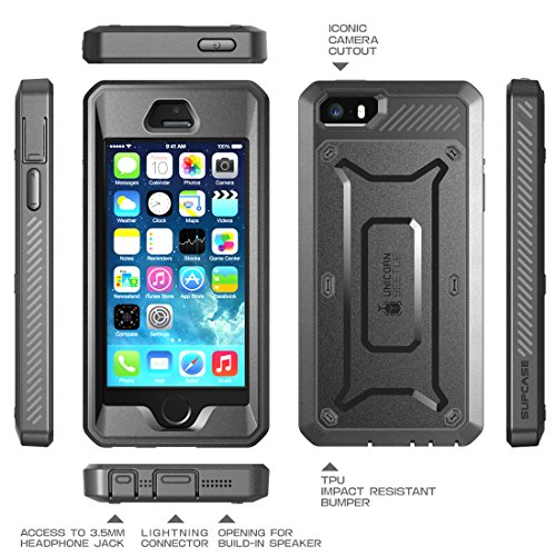 iPhone 5S Case, SUPCASE [Heavy Duty Belt Clip Holster] Apple iPhone 5S Case Compatible with iPhone 5 [Unicorn Beetle PRO Series] Full-body Rugged Hybrid Protective Cover with Built-in Screen Protector, Dual Layer Design + Impact Resistant Bumper (Black/Black)