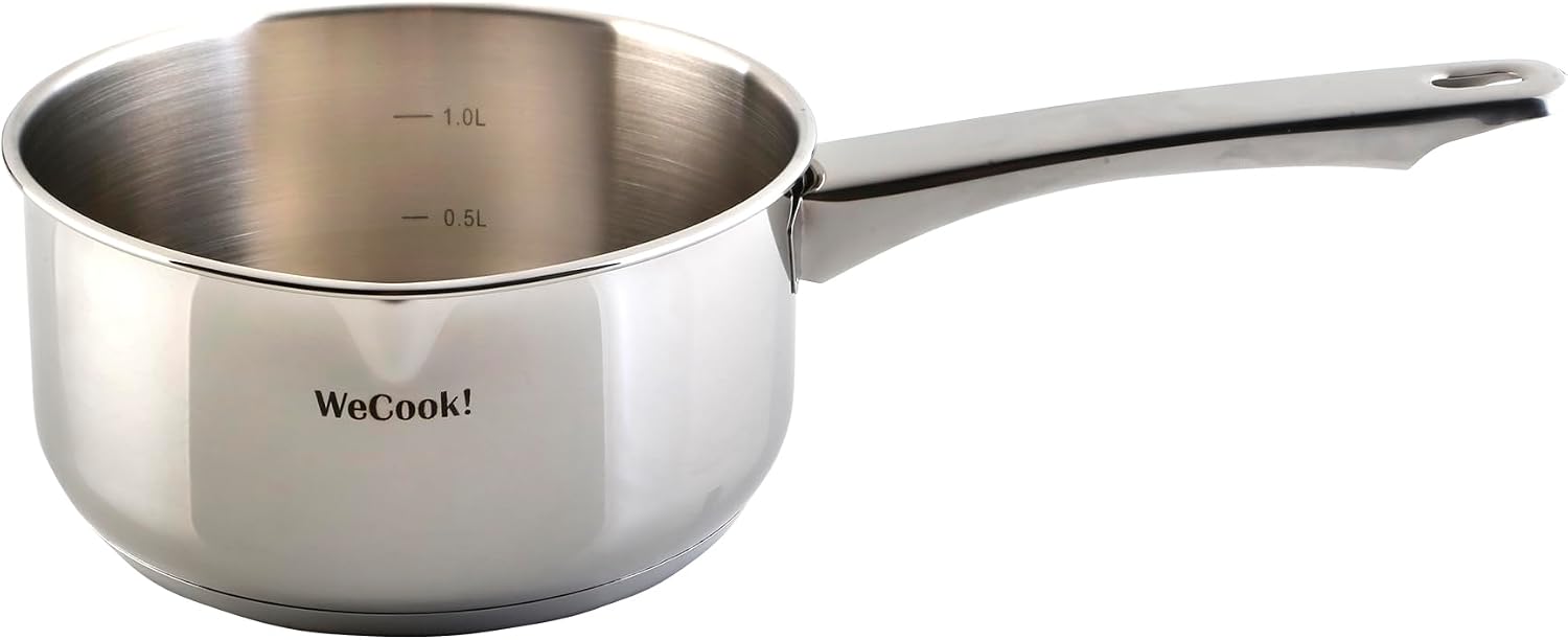 WECOOK! Cazo de Inducción Acero Inoxidable 18/10, Ø 16 cm, cap. 1,5 litros, Base Capsulada Tricapa, Mango Ergonómico Aislante,Escala Medidora, pico vertedor, apto para todas las cocinas