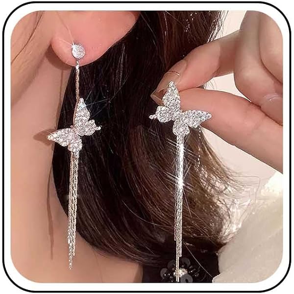 Orecchini Pendenti Grandi A Farfalla – Acrilico Viola E Argento Con Strass – Nappe E Catene – Stile Boho/Vintage