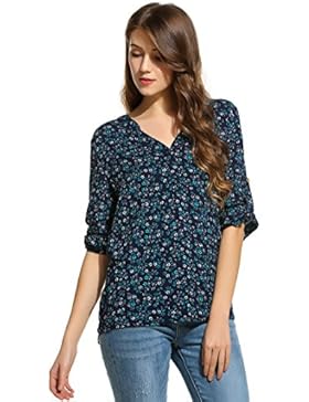 Zeagoo Damen Blumen Bluse mit V-Ausschnitt Langarm Shirt Blusenshirt Loose Oberteil