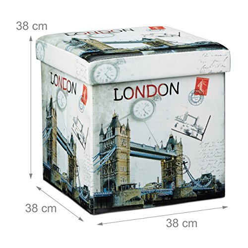 Relaxdays Faltbarer Sitzhocker 38 cm stabiler Sitzwürfel mit trendigen Motiven als praktische Fußablage als Sitzwürfel mit bedrucktem Kunstleder als Aufbewahrungsbox mit Stauraum und Deckel, London - 4
