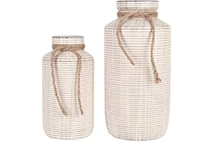 TERESA'S COLLECTIONS Vase en Céramique Corde de Chanvre Rustique, Vase 2 Pcs Blanc et Beige, Vase de Table Vintage pour Herbe de la Pampa, Vase Maison, Salon, 19,5/26cm,Cadeau Femme
