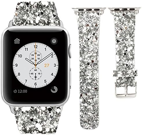 GHONLZIN Apple Watch Band 38mm 42mm, Leather iWatch Strap Extreme Deluxe Shiny Bling Glitter Leather Bracelet Wristband for Apple Watch Series 1, Series 2, Series 3 Sport Edition (Silver-38mm)